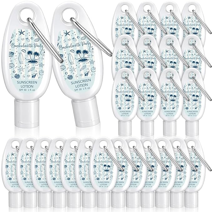 Leelosp 30 Pcs Mini Sunscreen with Carabiner Bulk Travel Size 1 Fl. oz. Spf 30 Water Resistant Mini Sunblock Lotion with Clip Last Toast on the Coast Bachelorette Party Favor Welcome Bags for Guest