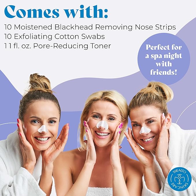 Blackhead Remover and Pore Minimizer Kit - Includes 10 Black Head Removing Nose Strips, 10 Exfoliating Cotton Swabs, 1 1 oz. Pore Reducing Facial Toner - Made with Witch Hazel and Natural Plant Extracts