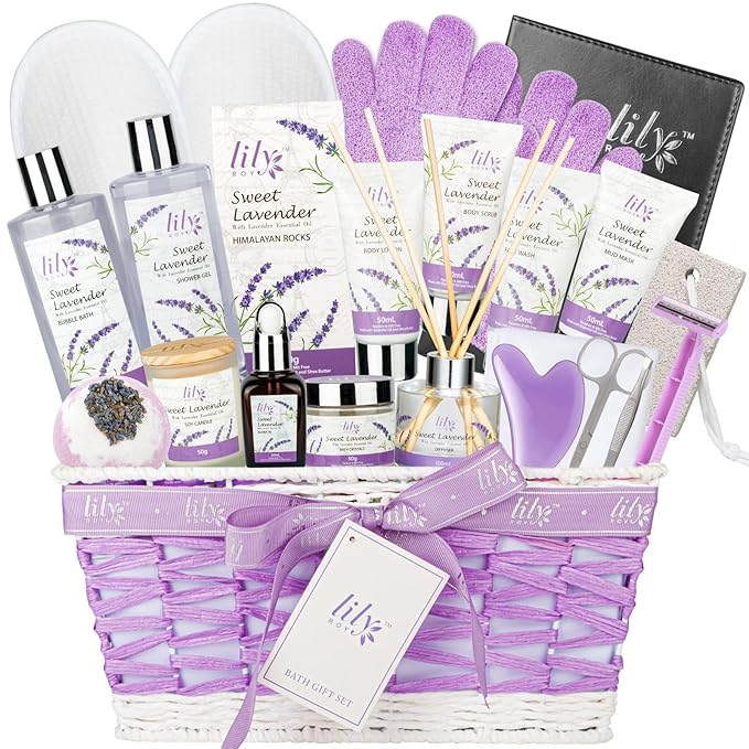 Mothers Day Gifts for Mom Spa Gift Set for Women - 22 Piece Lavender Luxury Bath & Body Basket with Bath Bomb | Spa Bath Gift Set for Birthday Gifts, Valentines Day Gift, Christmas Gift for women
