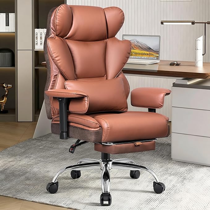 Big and Tall Office Chair for Heavy People - 400 LBS Capacity Executive Chair with High Back & Footrest, Ergonomic Wide Padded Leather Seat Computer Gaming Chair, Terracotta Brown