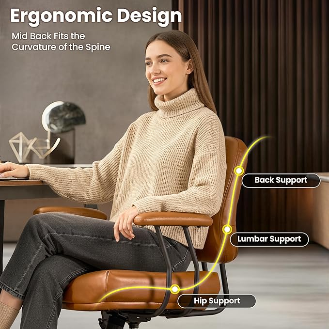 ovios Ergonomic Office Chair, Mid Back Faux Leather Executive Chairs with Thick Cushion, Comfy Mid-Century Modern Swivel Rolling Computer Armchair (Brown, PU Leather)
