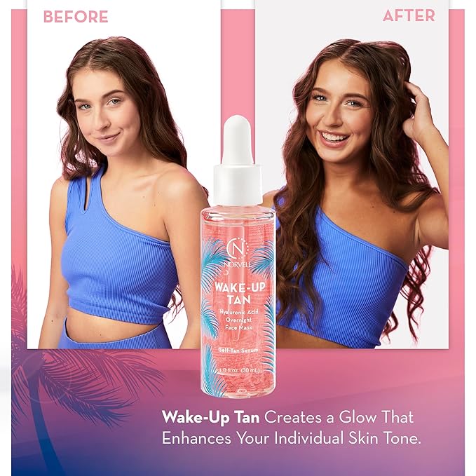 Norvell Wake-Up Tan Clear Self-Tan Face Serum, 1 oz Gradual Facial Self Tanner, Overnight Sunless Tanning Serum with Hydrating Skincare Benefits