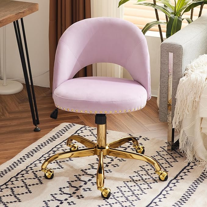 VINGLI Modern Velvet Small Office Chair,Cute Desk Chair With Wheels,Gold Base/Studs,Comfy Armless Swivel Vanity Task Chair For Women/Girl/Kids,Nail Tech Chair For Office,Small Space,Mauve Light Purple