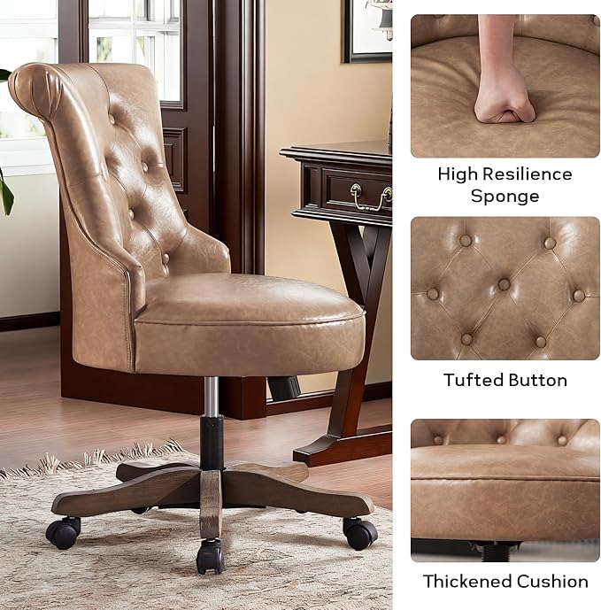 HUIMO Home Office Chair Upholstered Armless Desk Chair with Wheels Adjustable Height Computer Desk Chair with Wooden Legs Comfortable Swivel Chair for Home Office Study Studio (Light Brown)