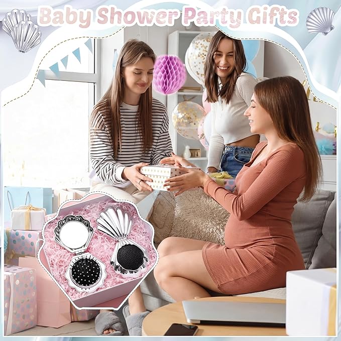 Meanplan 12 Pcs Mermaid Party Favors Shell Hair Brush with Mirror Foldable Mini Travel Pocket Hair Brush Compact Makeup Comb for Women Girls Valentines Day Birthday Gifts(Silver)