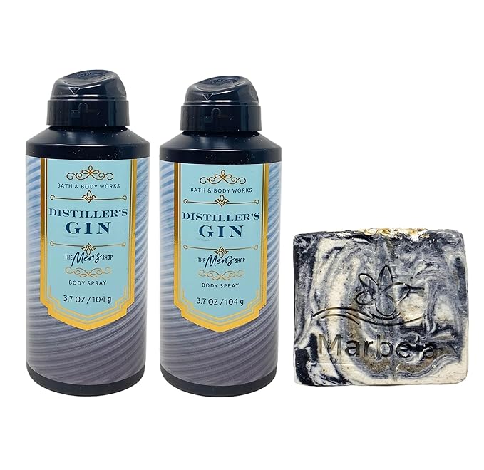 Bath & Body Works Distiller's Gin 2 Pack Body Spray Bundle with a Charcoal Scrub Bar Soap
