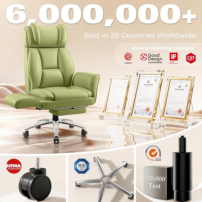 Big and Tall Office Chair, Flip Armrests for Pets & Cross Legged Sitting, Ergonomic Leather Executive Desk Chair with Foot Rest, High-Back Reclining Computer Chairs for Office Home Game - Green