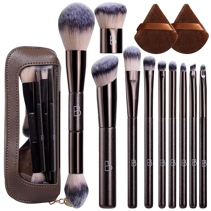 BS-MALL 10 Pcs Professional Makeup Brushes Set with Soft Eyeshadow Brush, Foundation Brush for Liquid Makeup, Double-ended Brushes Travel Bag & Triangle Puff - Travel-friendly Multi-purpose Kit