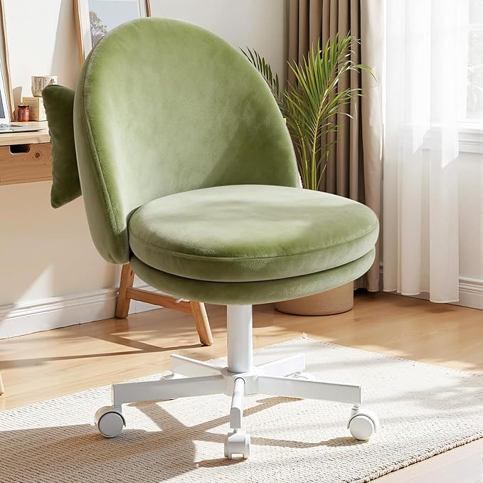 GTPLAYER Velvet Tall Office Chair with Wheels Vanity Chairs with Back, Versatile Height Use: Office to Bar Stools Small Ergonomic Comfy Armlees Computer Desk Chair with Bow Lumbar Pillow for Gift