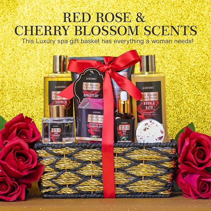 Luxury 14 pcs Cherry Blossom & Rose Bath and Body Basket Gift, Face Skin Care Kit, Home Spa Self Care, Relaxing Care Kit, Birthday, Christmas, Mother, Bridal Shower, Anniversary