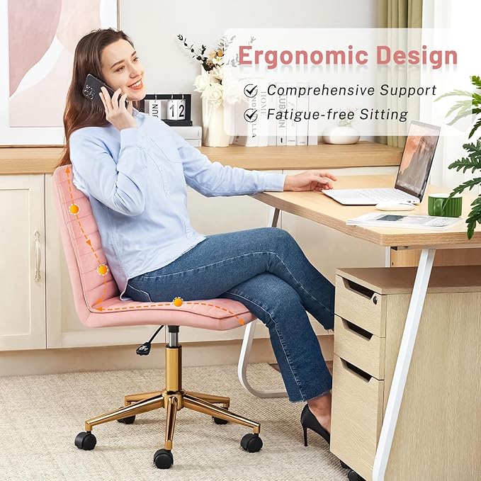 Furniliving Armless Vanity Chair with Wheels, Computer Rolling Desk Chair with Back, Pink Office Chair with Height Adjustable Soft Velvet Fabic Gold Metal Base Stool,Pink