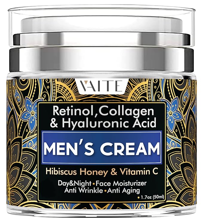 VAITE Mens Face Moisturizer with Collagen, Retinol, Anti-Aging, Anti-Wrinkle Cream for Men, Hydrating Facial Skin Care with Hyaluronic Acid, Hibiscus, Honey & Vitamin C, Day & Night Hydration