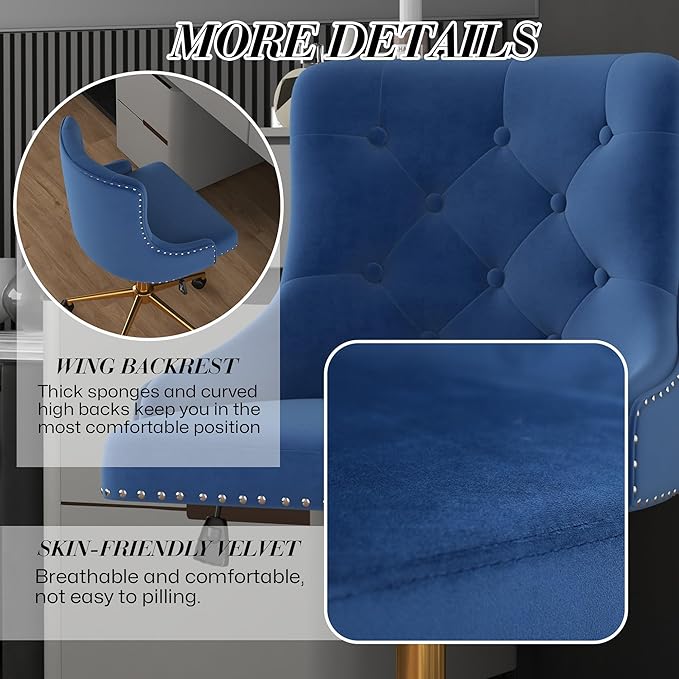 Velvet Armless Home Office Desk Chair, Swivel Height-Adjustable Small Cute Vanity Chair for Women/Girls, Comfy Makeup Chair with Rivet and Gold Base for Living Room, Bedroom(Blue)