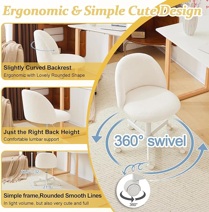 VINGLI Modern Vanity Chair with Back, Velvet Desk Chair for Girls, Small Office Chair with Silent Wheels， Stylish and Comfortable, White