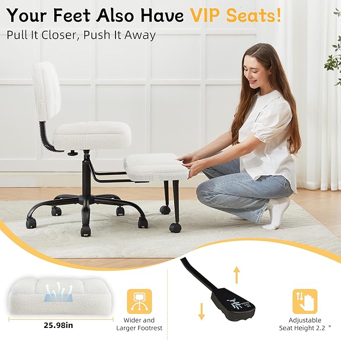 Criss Cross Legged Office Chair with Wheels,Swivel Meditation Chair for ADHD,Ergonomic Desk Chair with Thicken Adjustable Footstool,Fabric Sitting Fidgeting Kneeling Chair for Home Yoga Offwhite