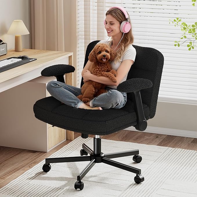 Criss Cross Chair with Wheels, Cross Legged Office Chair with Flip-up Armrests, Wide Desk Chair for Bedroom, Home Office, Apartment, Plush Fabric, Black