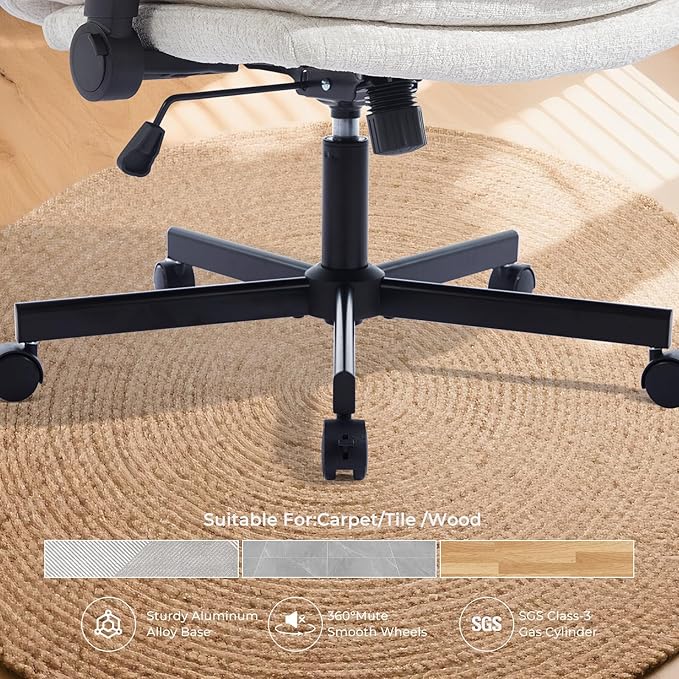 Criss Cross Chair with Flip-Up Arms and Lockable Wheels, Plush Fabric Cross Legged Office Desk Chair，Wider 125°Tilting Adjustable Swivel Chai r for Home, Apartment, Bedroom,Pearl White