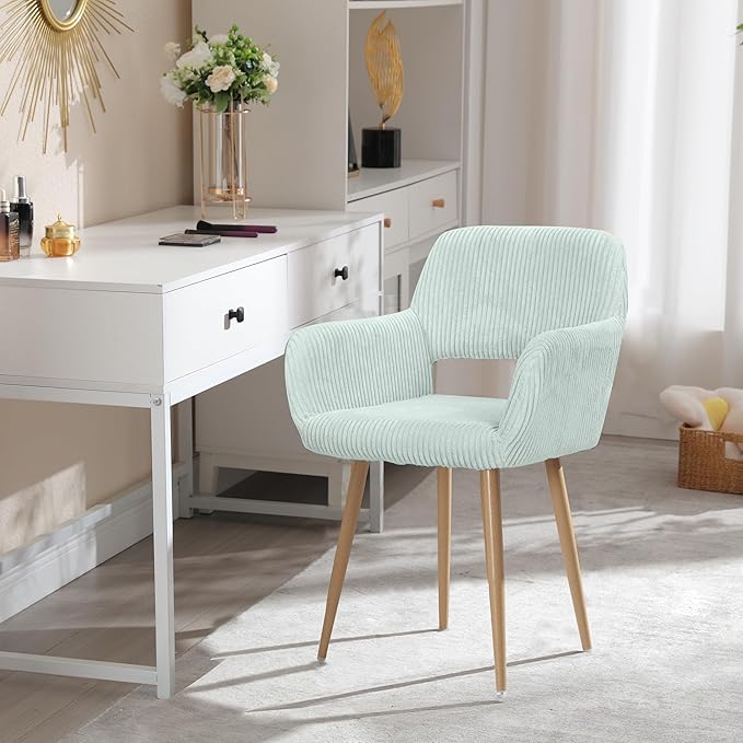 KCC Small Modern Dining Room Arm Chairs 1 Piece, Mid-Century Upholstered Corduroy Fabric Side Seat Club Guest with Metal Tube Legs for Kitchen, Living Room, Blue