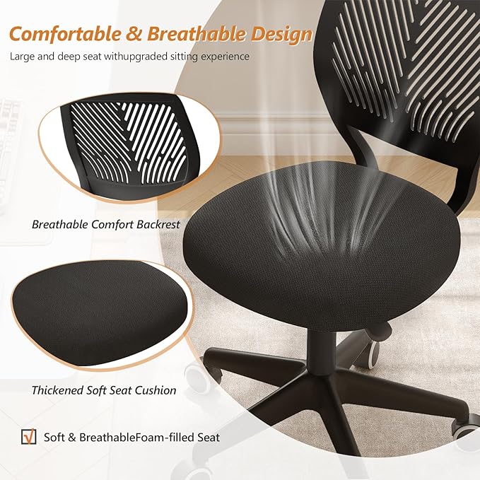 Armless Desk Chair Swivel Office Rolling Chair with Soft Padded Cushion, Height Adjustable Small Task Chair, Ergonomic Study Computer Chair for Kids Girls Boys Teens (Black, 4PCS)