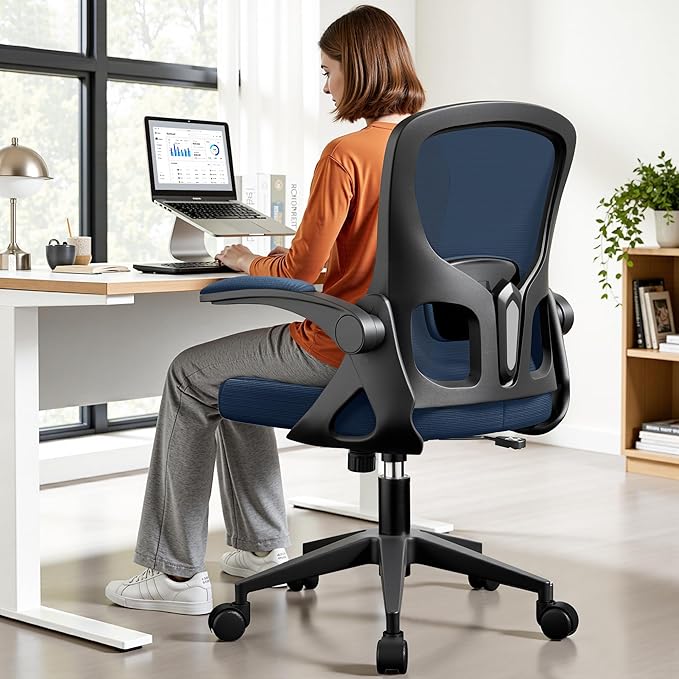 Office Chair Ergonomic Desk Chair, Adjustable Lumbar Support Rolling Swivel Comfy Chair with Space-Saving Flip Up Armrests, Mesh Gaming Chair for Business Work Office & Home,Blue 8pcs