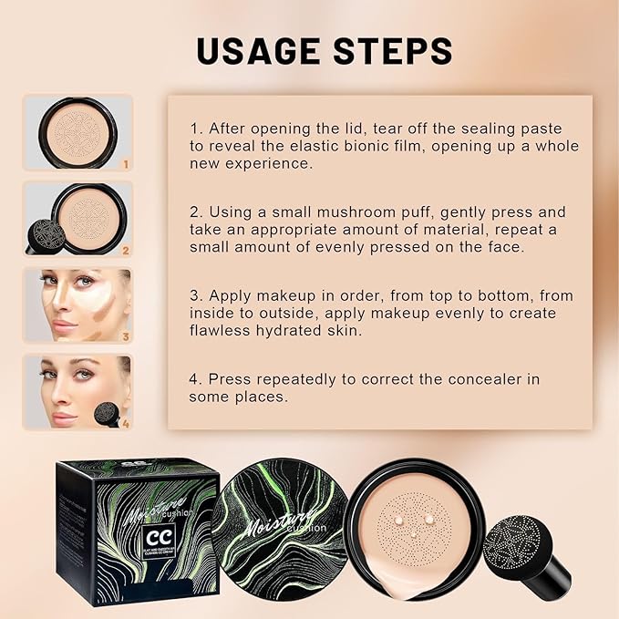 Air Cushion CC Cream Mushroom Head Foundation, Moisturizing BB Cream Concealer, Long-Lasting & Waterproof Makeup Base Primer, Even Skin Tone for All Skin Types (Nude)