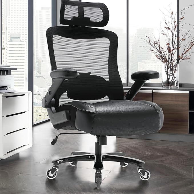 Big and Tall Office Chair 600lbs with 3D Flip Arms Adjustable Headrest - Heavy Duty Large Wheels Executive Computer Desk Chair, Ergonomic Lumbar Support Mesh High Back Plus Size Chair for Adults