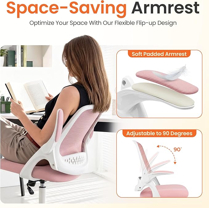 NEO Chair Office Chair Gaming Desk Computer Mesh Ergonomic Chair with Flip-up Arms Comfy Lumbar Support Adjustable Height Rolling Wheels Chair for Home Office (Pink)