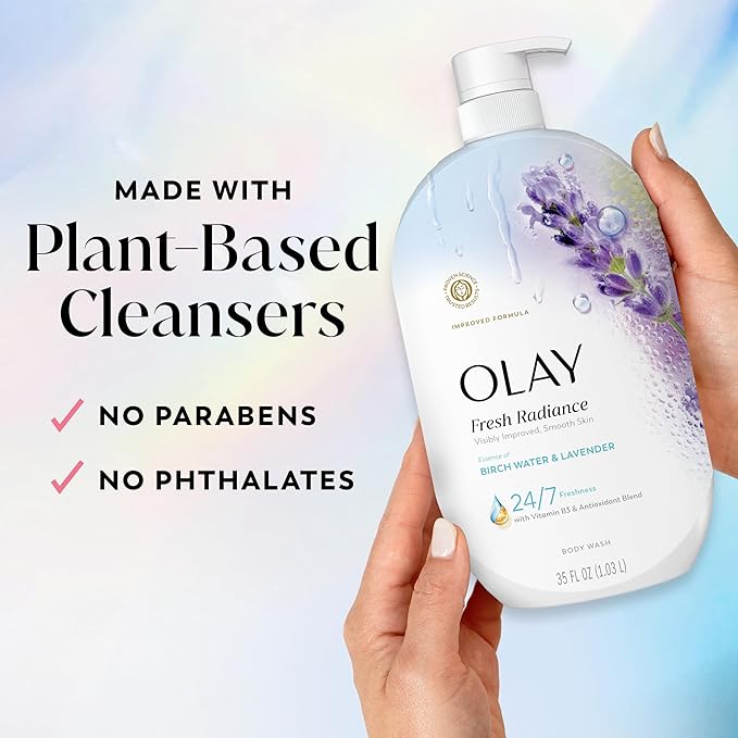Olay Body Wash for Women, Fresh Radiance, 24/7 Skin-Loving Freshness, Visibly Radiant, Plant Based Cleansers, Vitamin B3 & Antioxidant Blend, For All Skin Types, Birch Water & Lavender Scent, 35 fl oz