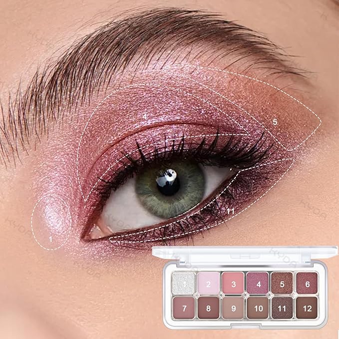KYDA 12 Colors Purple Brown Eyeshadow Palette, High Pigment Matte Shimmer Pink Purple Brown Eye Shadow, All-In-One Eyes Palette for Women, Soft Blendable Powder Eyeshadow, Korean Eyes Makeup
