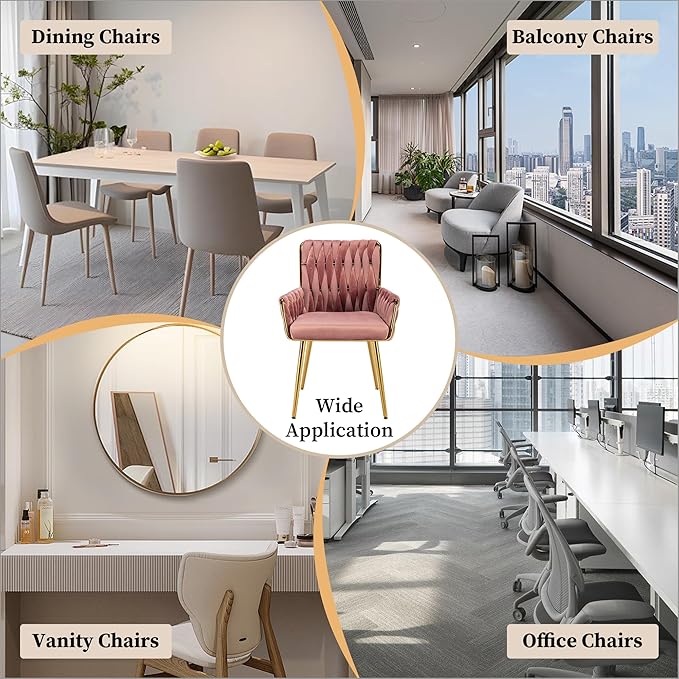 Westice Home Office Desk Chair, Upholstered Hand Weaving Desk Chairs with Golden Metal Legs & Armrest, Modern Accent Chairs for Living Room, Vanity Makeup Room, Rose Red