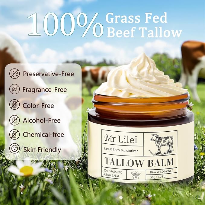 Beef Tallow for Skin - 100% Organic Grass-Fed Beef Tallow Balm with Raw Honey, Natural Whipped Face Moisturizer & Body Butter for Dry & Sensitive Skin, Non-Greasy (Unscented, 50g/1.76oz)