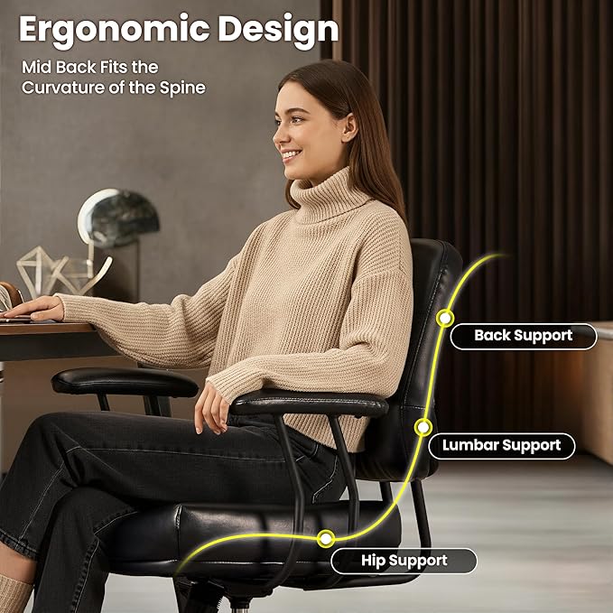 ovios Ergonomic Office Chair, Mid Back Faux Leather Executive Chairs with Thick Cushion, Comfy Mid-Century Modern Swivel Rolling Computer Armchair (Black, PU Leather)