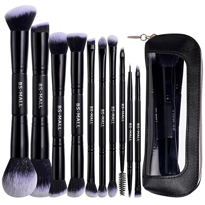 BS-MALL Double-ended Makeup Brush Set With Concealer Brush & Foundation Brush, Eyeshadow Brush- Travel-friendly Multi-purpose Brushes In Makeup Bag For Daily Use (10 PCS Black)