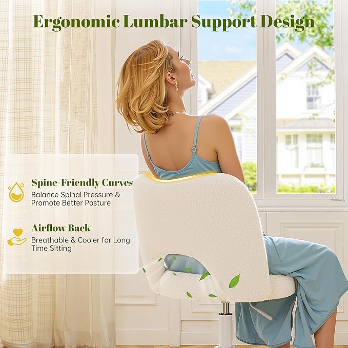 Vanity Chair with Wheels Armless, White Vanity Chair with Back,Ultra-Plush Fleece Cute Desk Chair, Small Office Chair Height Adjustable,for Make-up Room,Bedroom