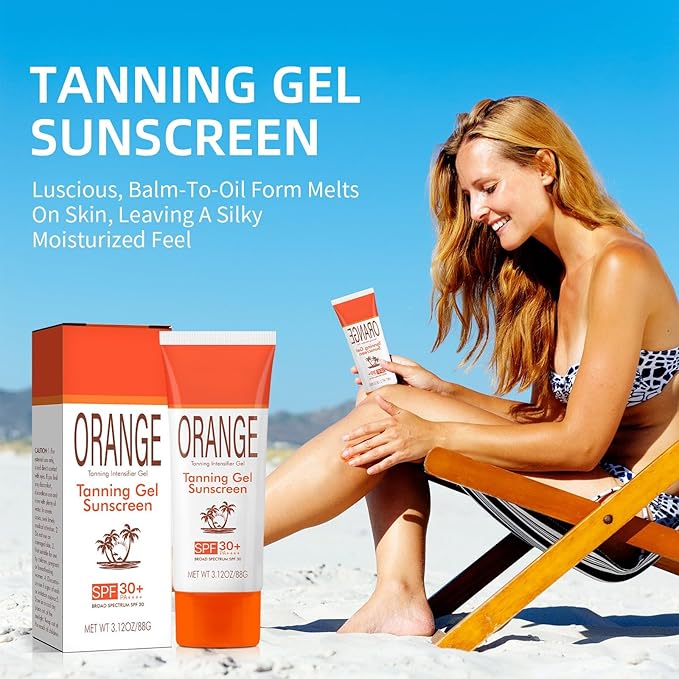 Orange Sun Tanning Gel, Hydrating & Moisturizing Formula with SPF 30 Sunscreen, Fast-Absorbing Tan Accelerator for Faster Darker Tan, Gentle Sun Protection for All Skin Types (1pc, 3.12oz)