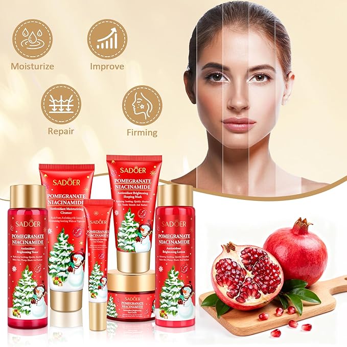 Gifts for Women 6 Pcs Skin Care Set Pomegranate Moisturize Soothe Hydrate Gifts for Teenage Girls Stocking Stuffers-Cleanser,Toner,Lotion,Face Cream,Eye Cream,Sleep Mask