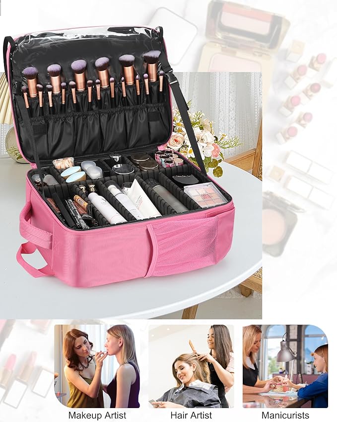 Relavel Makeup Backpack, Professional Travel Train Case Makeup Artist Kit Set Bag for Women Extra Large Cosmetic Organizer, Brush Storage Holder, with Adjustable High Dividers, Rose Pink