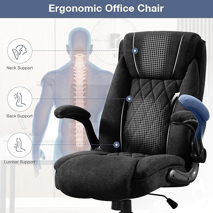 Big and Tall Fabric Office Chair 400lbs, High Back Executive Computer Desk Chair with Flip Up Armrest, Breathable Fabric Adjustable Height