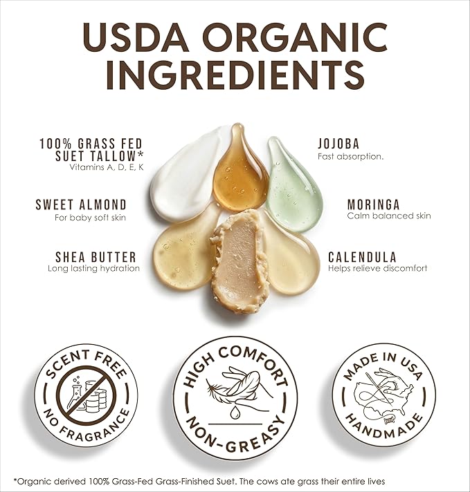 Organic Beef Tallow Face Cream Moisturizer for Skin Unscented | Grass Fed Finished Whipped Balm for Dry, Fine Line, Mature, and Sensitive-leaning Skin Types | Made in USA (2 Fl Oz Ounce)