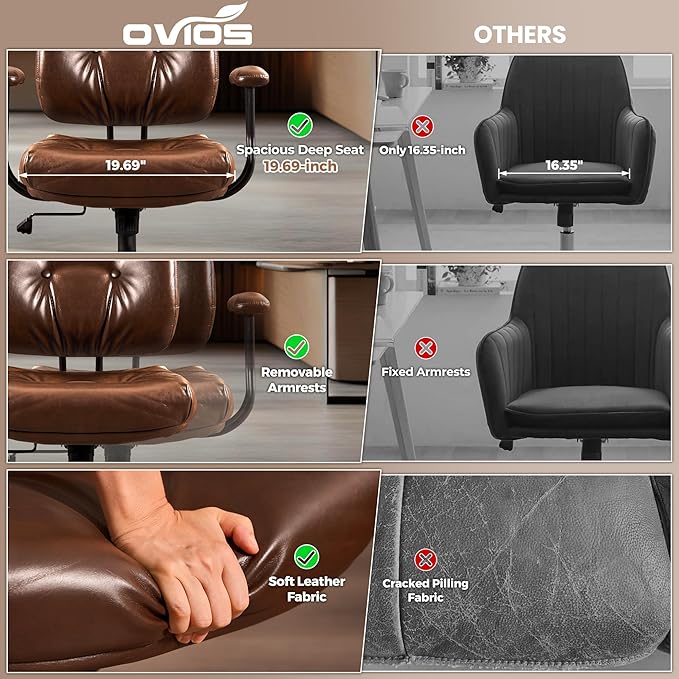 ovios Ergonomic Office Chair, Mid Back Faux Leather Executive Chairs with Thick Cushion, Comfy Mid-Century Modern Swivel Rolling Computer Armchair (Dark Brown, PU Leather)