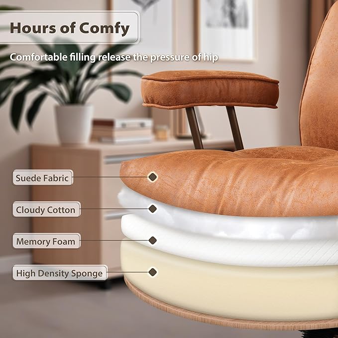 HOOOWOOO Mid-Century Modern Ergonomic Office Chair, Extra Wide Comfy Executive Chair with Lumbar Support, Suede Leather Light Brown