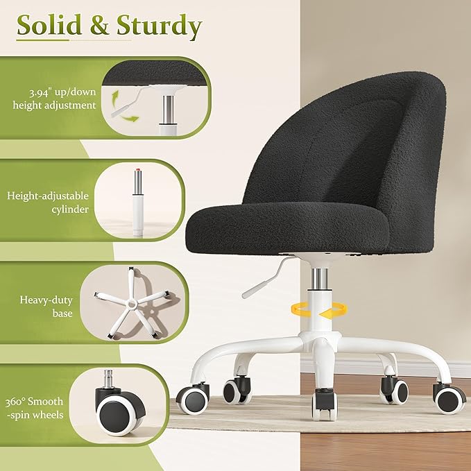 Vanity Chair with Back, Cute Desk Chair with Wheels, Armless Office Chair Height Adjustable, Soft Lumbar Support for Small Space, Bedroom, Black
