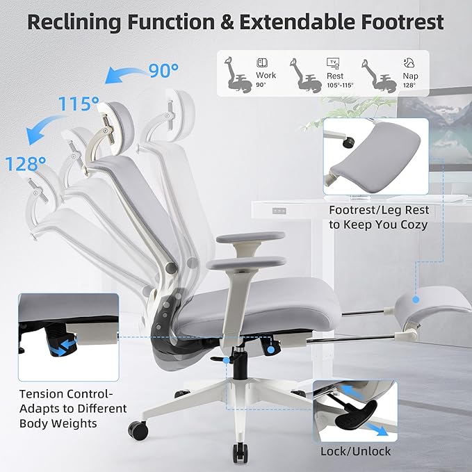 Foldable Office Chair with Foot Rest, Ergonomic Office Chair with Adjustable Lumbar Support, Headrest, Armrest, Home Office Desk Chairs for Space Saving, Grey