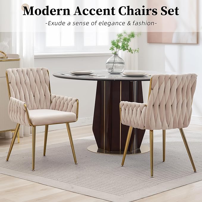 ABET Office Desk Chair No Wheels, Woven Velvet Vanity Chair with Back & Armrest, Comfy Upholstered Cute Gold Metal Legs Makeup Aesthetic Armchair for Girls & Women Bedroom, Nail Spa, Beige