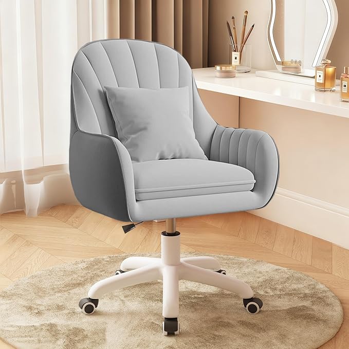 Cute Home Office Chair Velvet Upholstered Desk Chairs with Mid Back Swivel Adjustable Makeup Vanity Computer Chair with Wheels