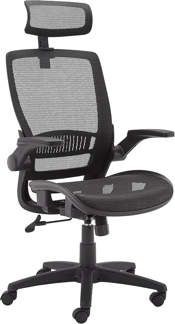 Amazon Basics Ergonomic High-Back Office Chair, Breathable Mesh, 360° Swivel, Easy to Assemble, Comfortable Flip-Up Armrests, 25.5"D x 26.25"W x 49.25"H, Black