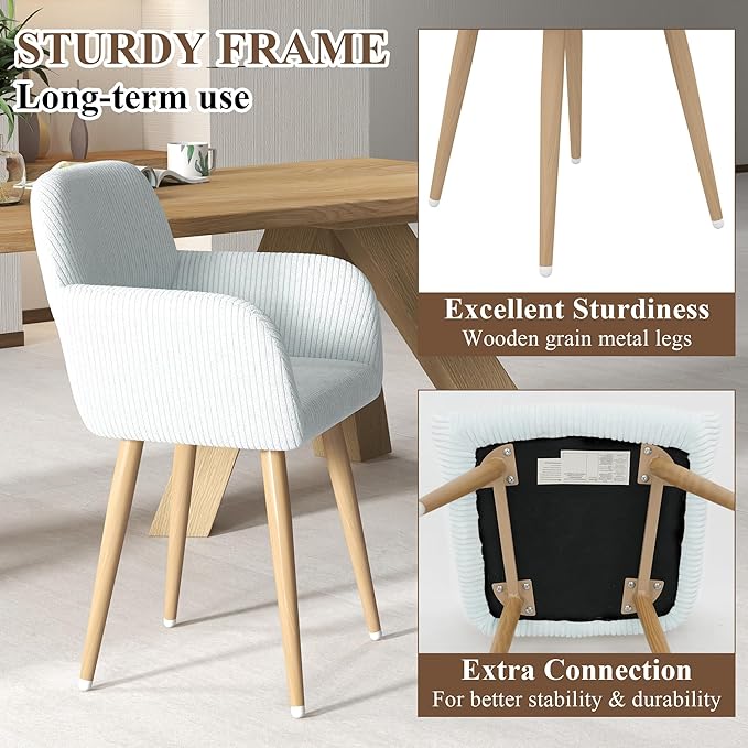 Home Office Desk Chair Set of 2, Corduroy Fabric Vanity Chair for Makeup with Hollow Backrest, Comfy Armchair Wood Frame with Strudy Metal Legs, Light Blue