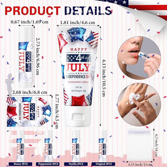 12 Sets 4th of July Party Supplies Bulk Spf 30 Travel Size Mini Sunscreen and Sunscreen Lip Balms for Thank You Gifts Summer Party Supplies