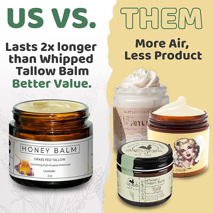 Tallow Honey Balm, Organic Body Butter, Grass-Fed Beef Tallow for Skin, Soothing All-Natural Moisturizer for Body and Face | Made in USA - 2 oz (Lavender)