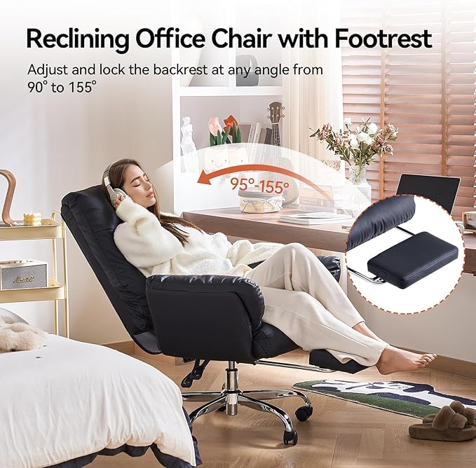 EMIAH Criss Cross Chair with Wheels Office Chair with Foot Rest and Flip-up Arms Reclining Desk Chair Comfy PU Leather Rolling Computer Home Office Chair (Black)